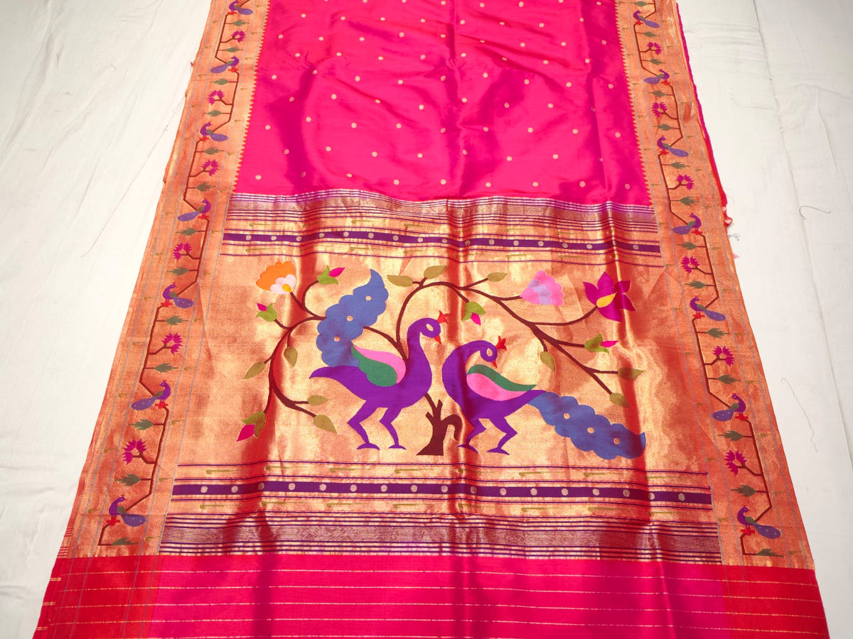 Dark Pink Paithani Handloom Pure Silk Saree with delicate self-woven zari buttas on the body and a tissue zari pallu featuring a pair of colorful peacocks perched on flowering branches.