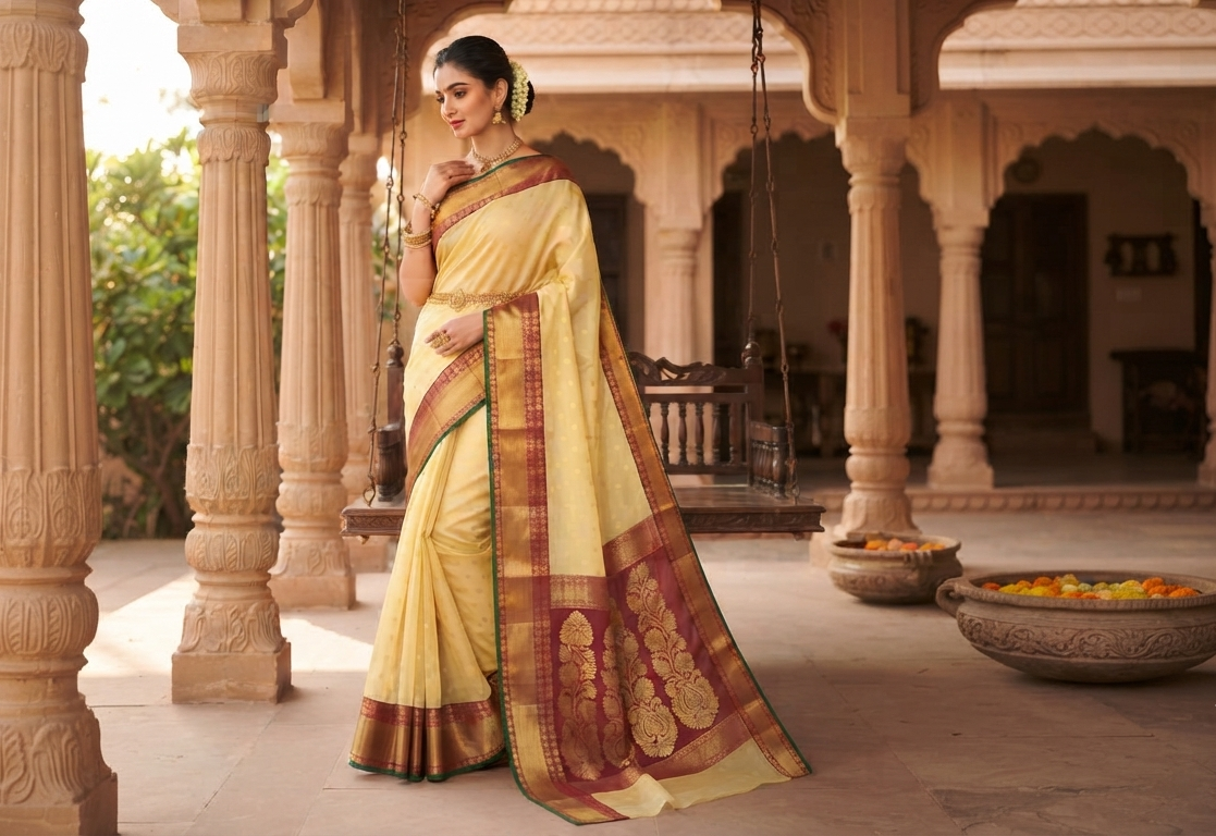 A model wearing a pale yellow Chanderi Handloom Katan Silk saree featuring intricate Nakshi borders and a detailed matching Nakshi pallu.