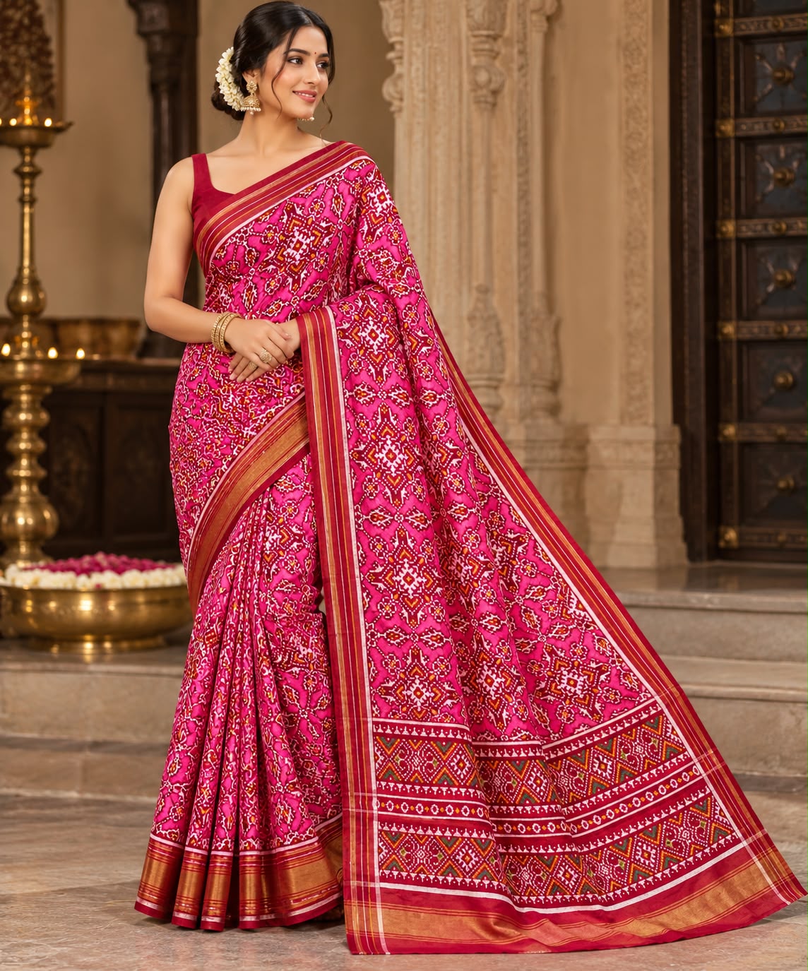 Dark pink Patan Patola pure mulberry silk saree featuring an intricate geometric double ikat lattice design with a matching patterned pallu and traditional borders.