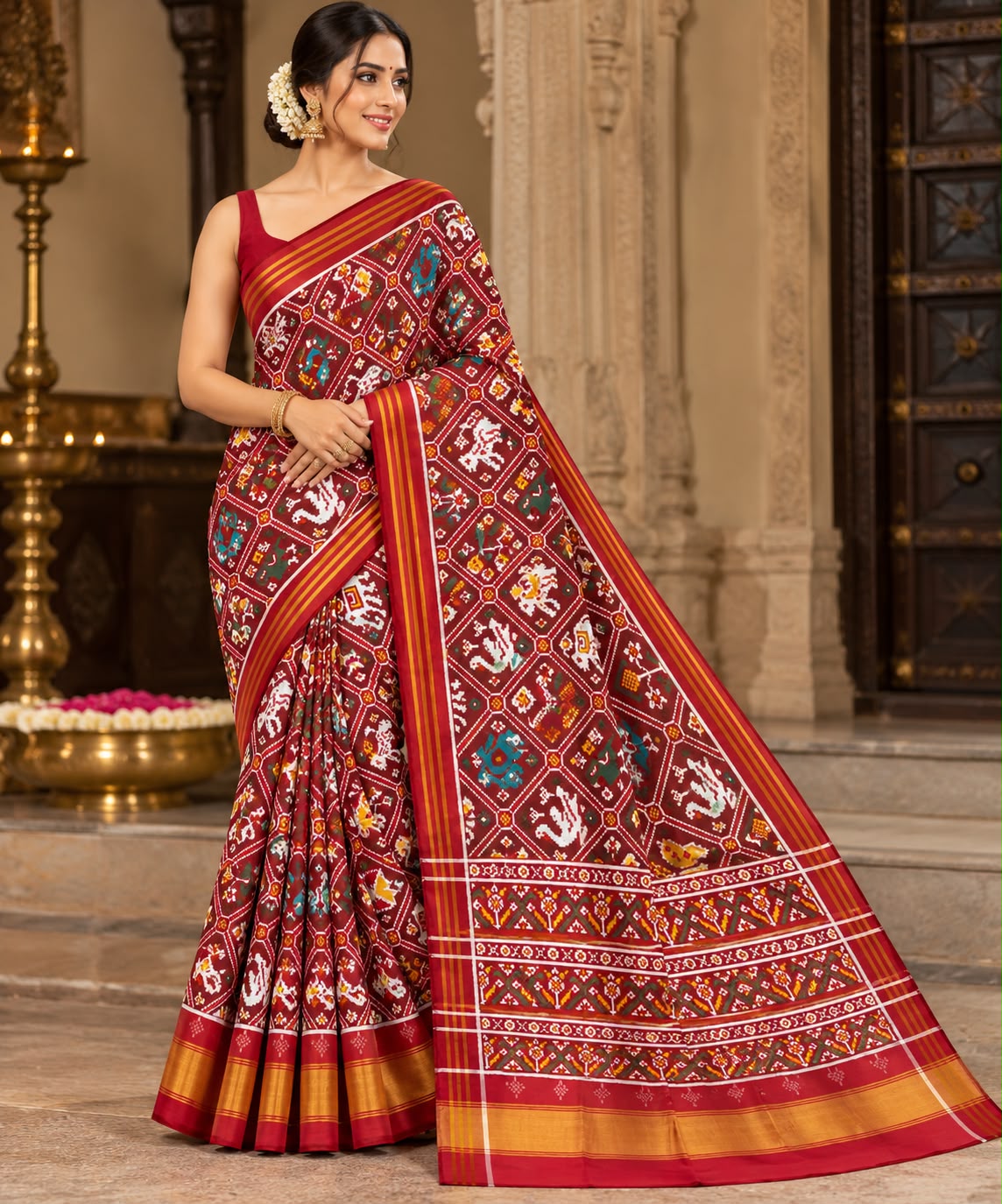 Model wearing a rustic red Patan Patola pure mulberry silk saree featuring an elaborate double ikat figurative design with traditional borders and pallu.