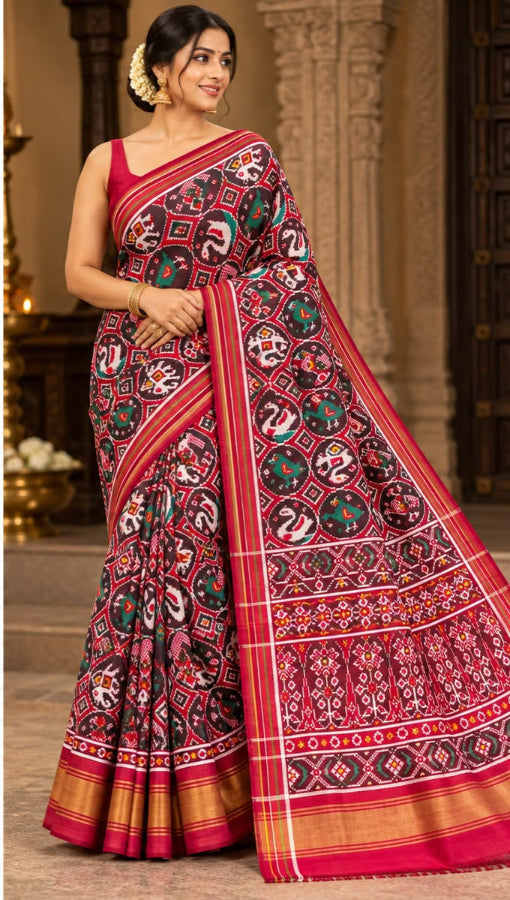 Model wearing a rustic red Patan Patola pure mulberry silk saree featuring an elaborate double ikat figurative design with traditional borders and pallu.