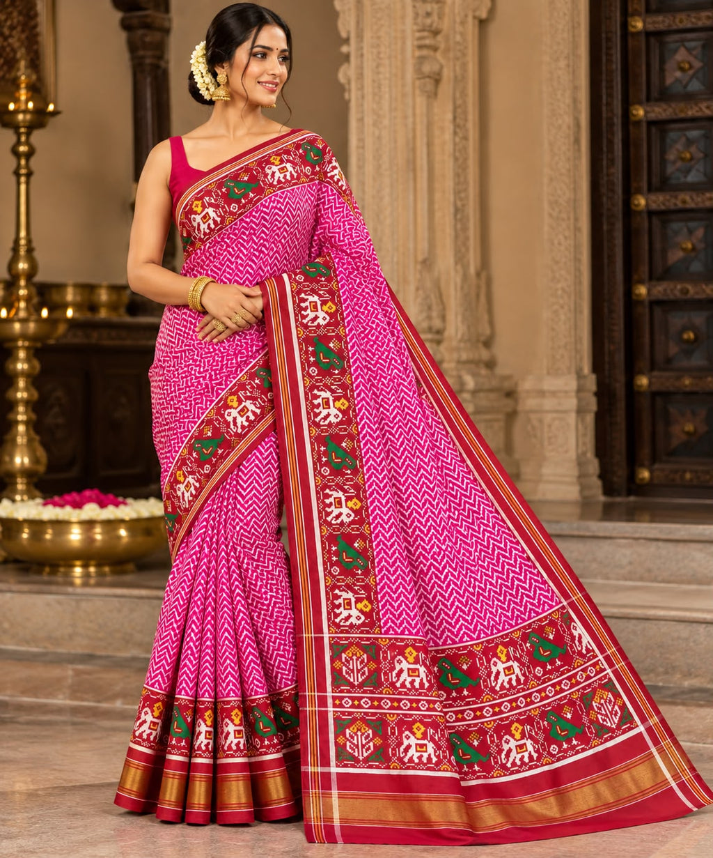 Model wearing a dark pink Patan Patola pure mulberry silk saree featuring a body with lehriya design and contrasting red borders and pallu with elephant motifs.