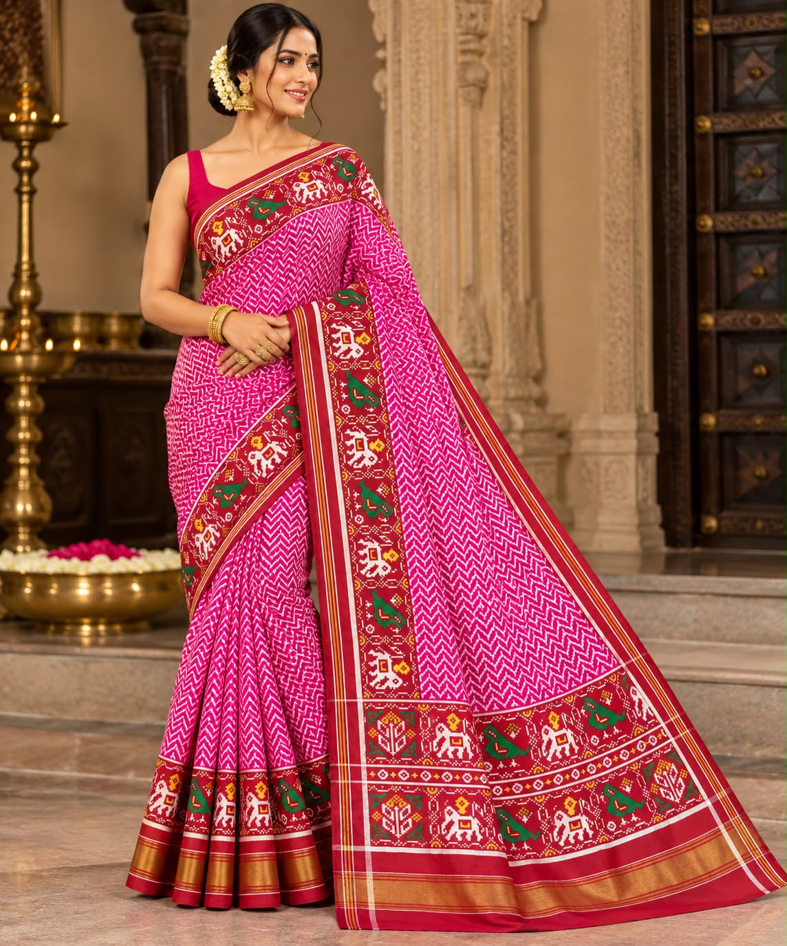 Model wearing a dark pink Patan Patola pure mulberry silk saree featuring a body with lehriya design and contrasting red borders and pallu with elephant motifs.