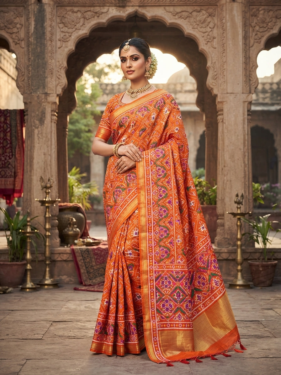 A vibrant orange Patan Patola double ikat pure mulberry silk saree featuring intricate multicolored elephant and geometric motifs, striking floral pallu panels, and traditional borders.