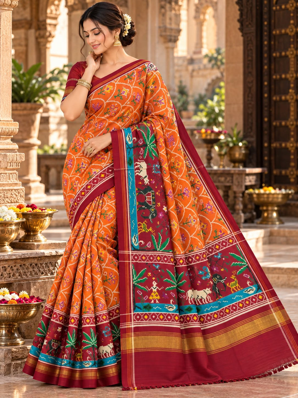 Vibrant orange Patan Patola pure mulberry silk saree featuring a complex double ikat wave and scale pattern with contrasting maroon pallu and border depicting traditional animal and tree motifs.