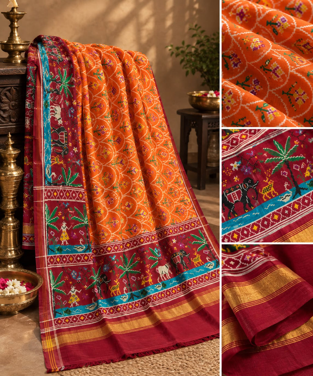 Vibrant orange Patan Patola pure mulberry silk saree featuring a complex double ikat wave and scale pattern with contrasting maroon pallu and border depicting traditional animal and tree motifs.