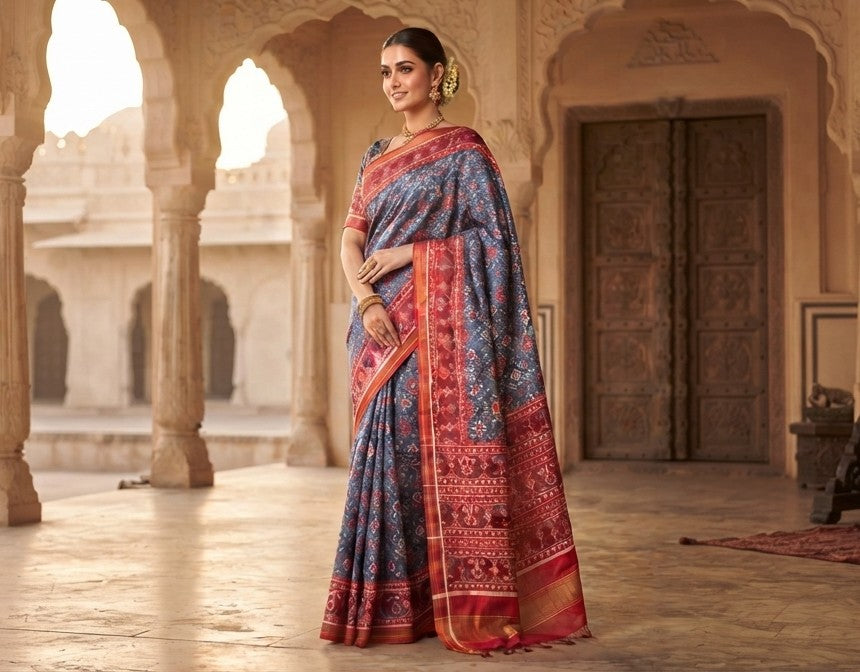 A magnificent blue Patan Patola double ikat pure mulberry silk saree featuring intricate red and white geometric motifs, a striking rich red pallu with traditional tree designs, and contrasting borders.