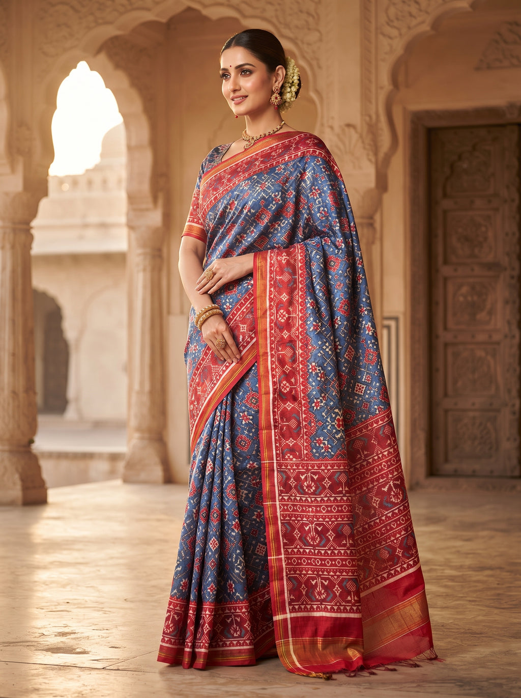 A magnificent blue Patan Patola double ikat pure mulberry silk saree featuring intricate red and white geometric motifs, a striking rich red pallu with traditional tree designs, and contrasting borders.
