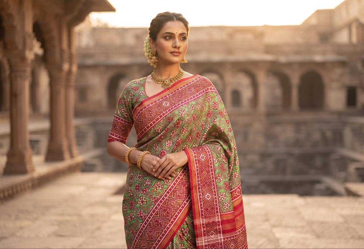 A striking green Patan Patola double ikat pure mulberry silk saree featuring intricate red and white geometric patterns, ornate contrasting borders, and a magnificent rich red pallu dyed using natural vegetable colors.