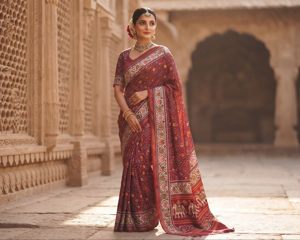 An exquisite maroon Patan Patola double ikat pure mulberry silk saree featuring intricate traditional geometric motifs, rich contrasting borders, and a masterpiece pallu dyed using natural vegetable colors.