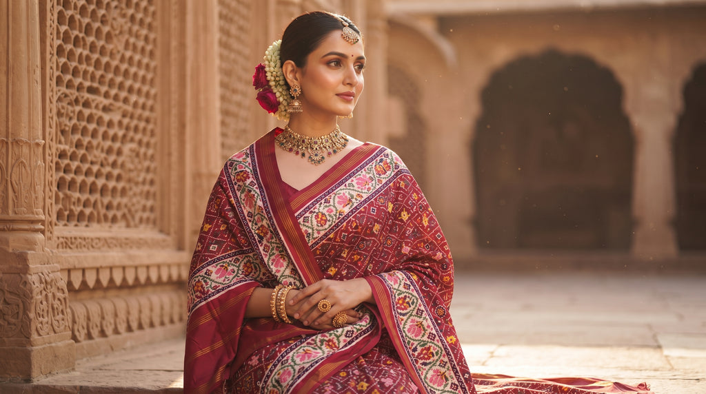 An exquisite maroon Patan Patola double ikat pure mulberry silk saree featuring intricate traditional geometric motifs, rich contrasting borders, and a masterpiece pallu dyed using natural vegetable colors.