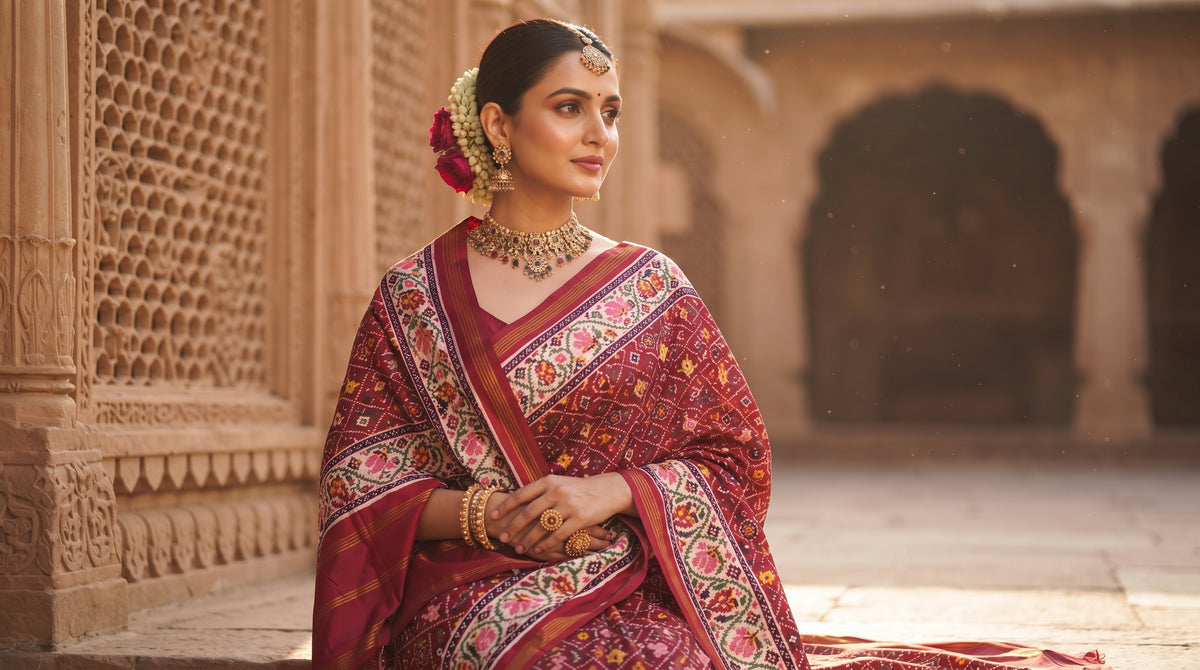 An exquisite maroon Patan Patola double ikat pure mulberry silk saree featuring intricate traditional geometric motifs, rich contrasting borders, and a masterpiece pallu dyed using natural vegetable colors.