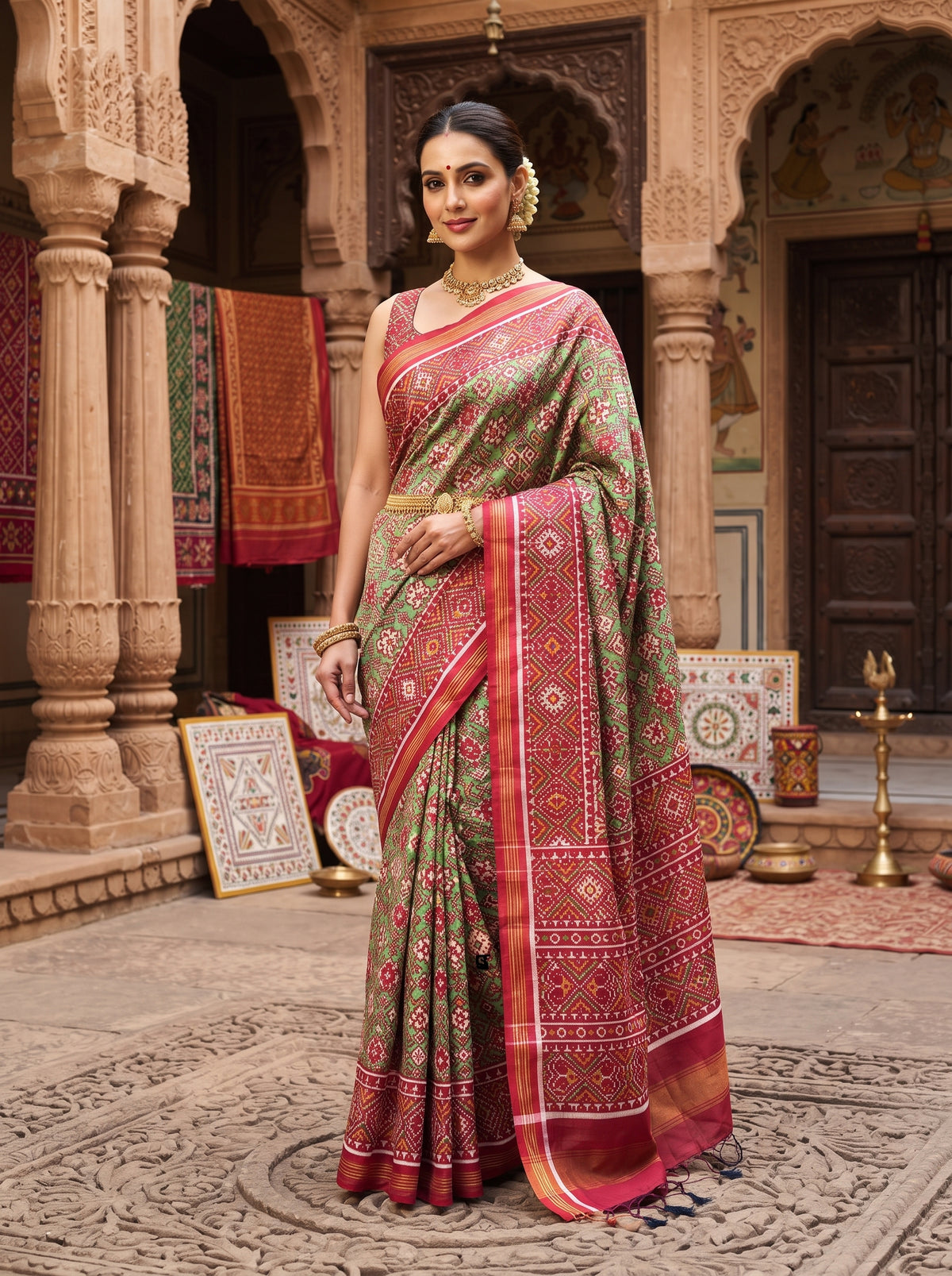 A striking green Patan Patola double ikat pure mulberry silk saree featuring intricate red and white geometric patterns, ornate contrasting borders, and a magnificent rich red pallu dyed using natural vegetable colors.
