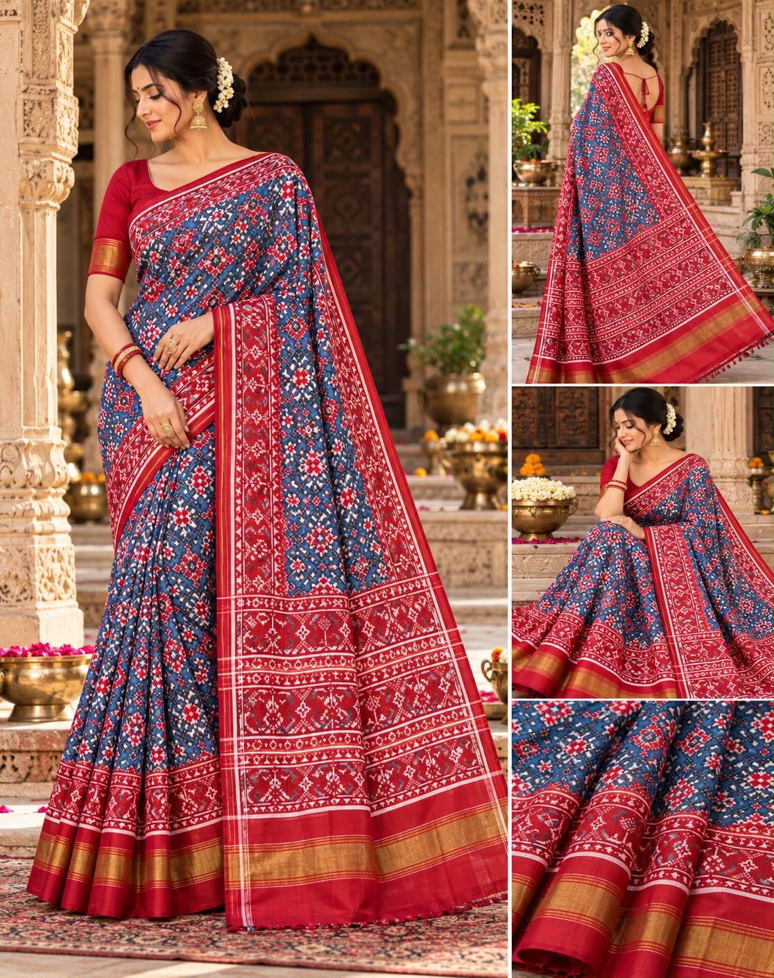 A magnificent blue Patan Patola double ikat pure mulberry silk saree featuring intricate red and white geometric motifs, a striking rich red pallu with traditional tree designs, and contrasting borders.