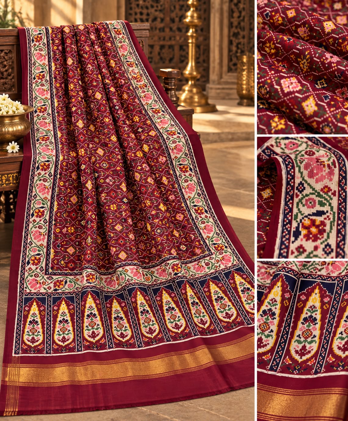An exquisite maroon Patan Patola double ikat pure mulberry silk saree featuring intricate traditional geometric motifs, rich contrasting borders, and a masterpiece pallu dyed using natural vegetable colors.