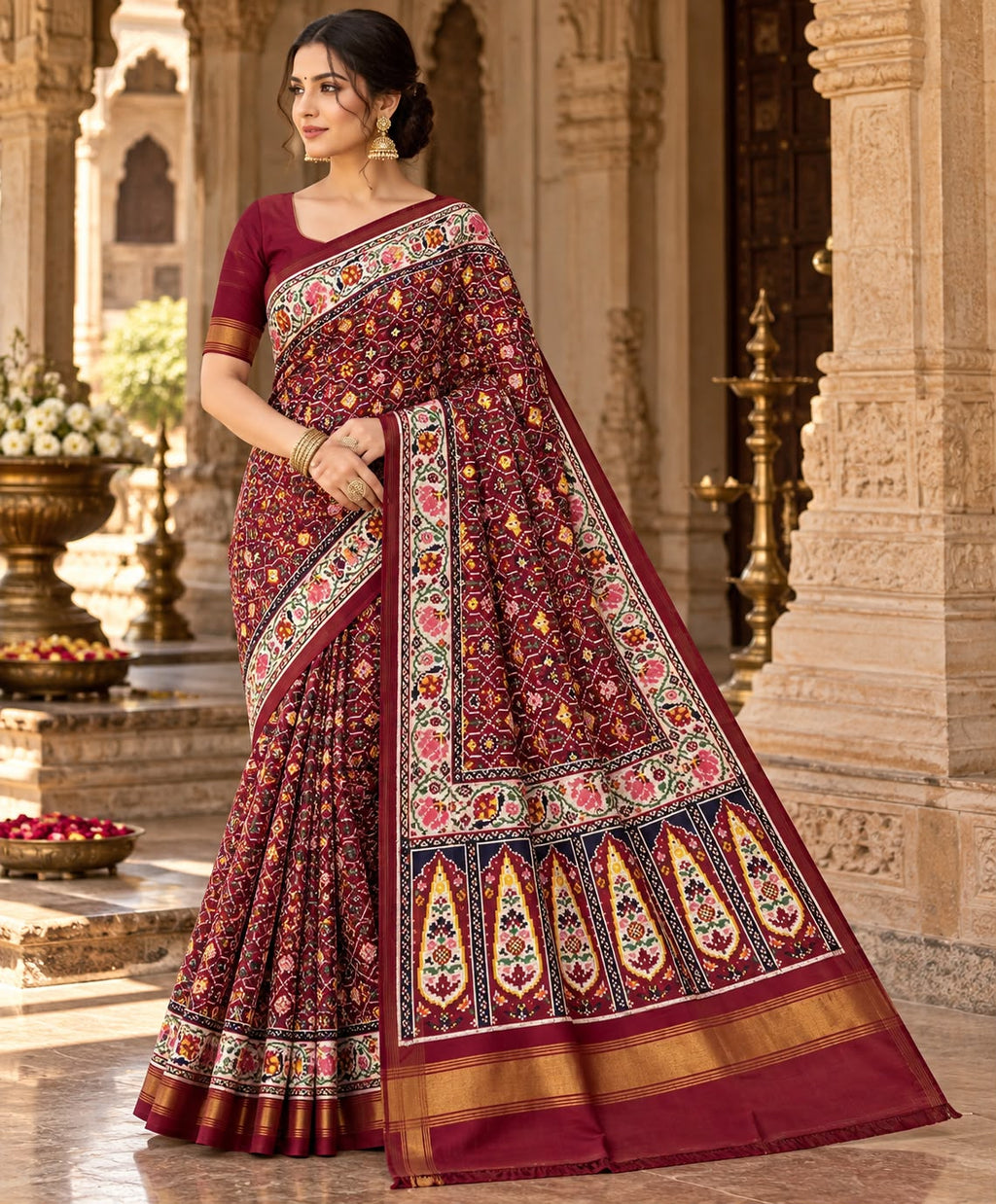 An exquisite maroon Patan Patola double ikat pure mulberry silk saree featuring intricate traditional geometric motifs, rich contrasting borders, and a masterpiece pallu dyed using natural vegetable colors.
