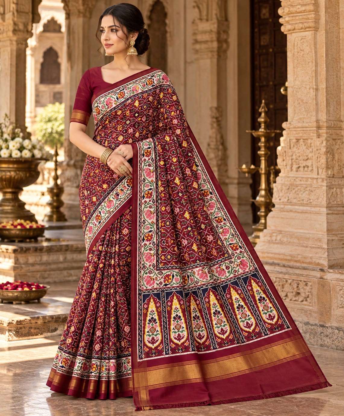 An exquisite maroon Patan Patola double ikat pure mulberry silk saree featuring intricate traditional geometric motifs, rich contrasting borders, and a masterpiece pallu dyed using natural vegetable colors.