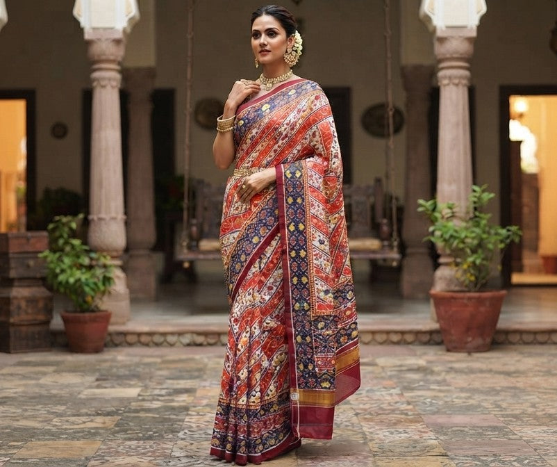 A magnificent coral Patan Patola double ikat pure mulberry silk saree featuring vibrant diagonal multi-colored geometric patterns, intricate contrasting borders, and a rich traditional pallu dyed with natural vegetable colors.