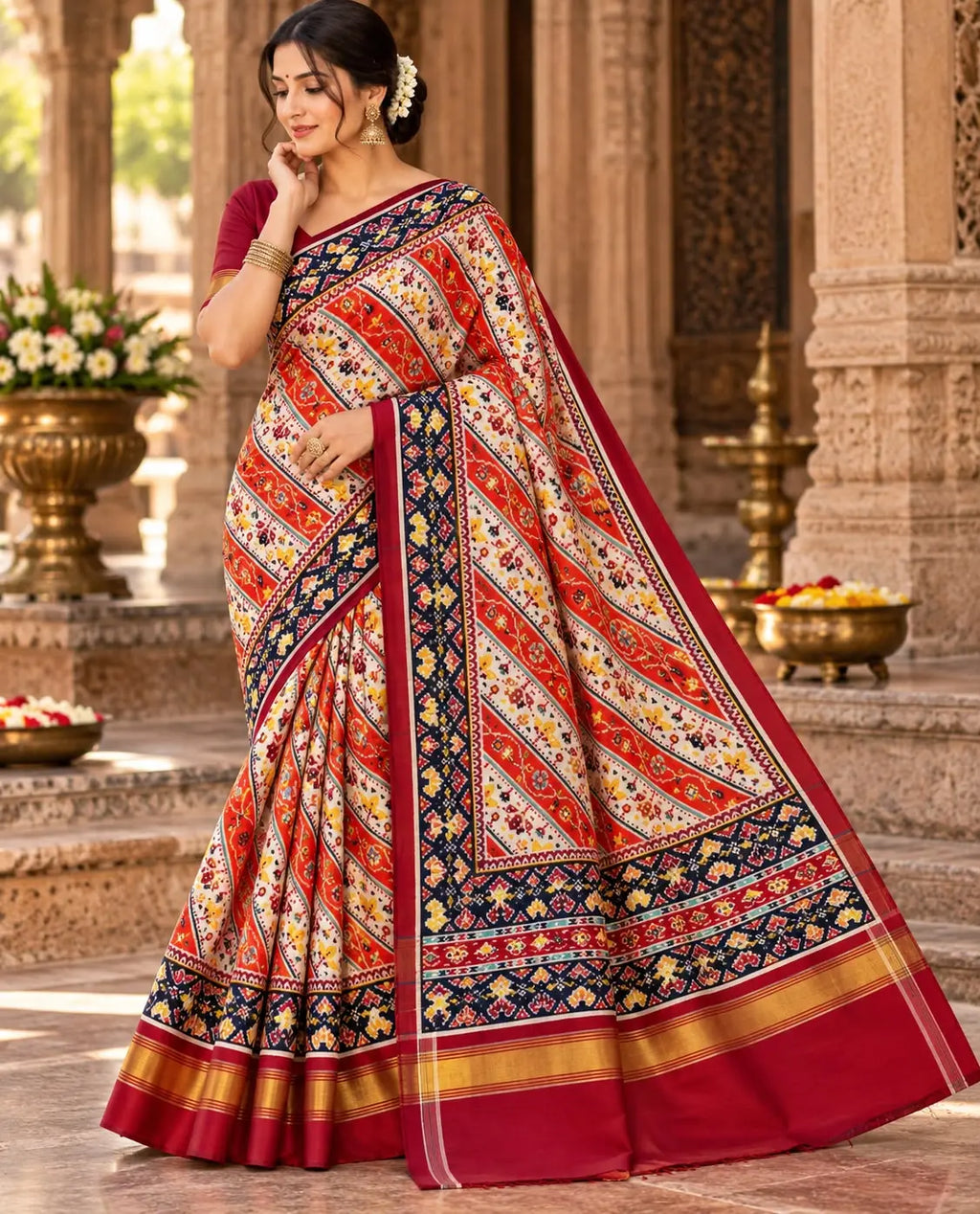 A magnificent coral Patan Patola double ikat pure mulberry silk saree featuring vibrant diagonal multi-colored geometric patterns, intricate contrasting borders, and a rich traditional pallu dyed with natural vegetable colors.