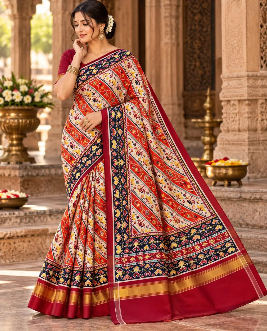 A magnificent coral Patan Patola double ikat pure mulberry silk saree featuring vibrant diagonal multi-colored geometric patterns, intricate contrasting borders, and a rich traditional pallu dyed with natural vegetable colors.