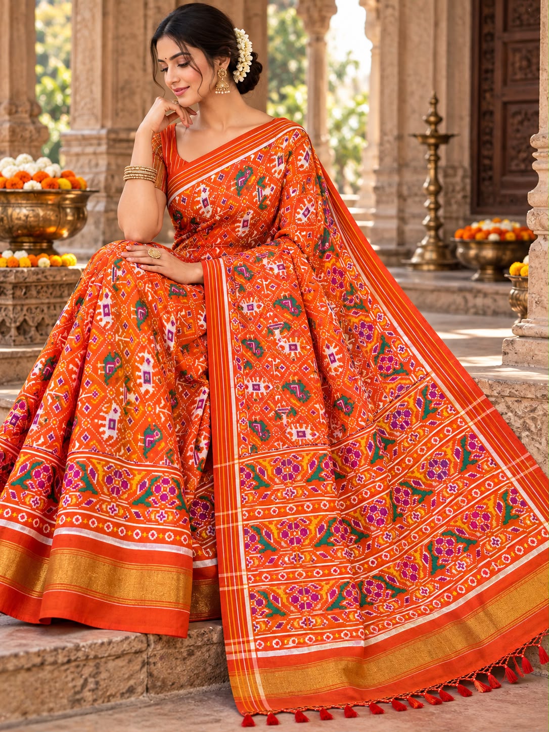 A vibrant orange Patan Patola double ikat pure mulberry silk saree featuring intricate multicolored elephant and geometric motifs, striking floral pallu panels, and traditional borders.