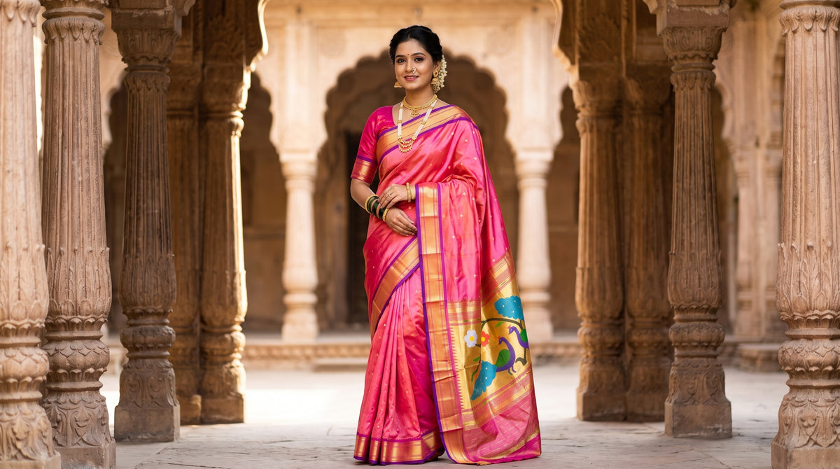 Dual-Tone Peach-Pink Paithani Handloom Pure Silk Saree with self zari buttas on an iridescent body and a golden tissue zari pallu featuring colorful peacock motifs.