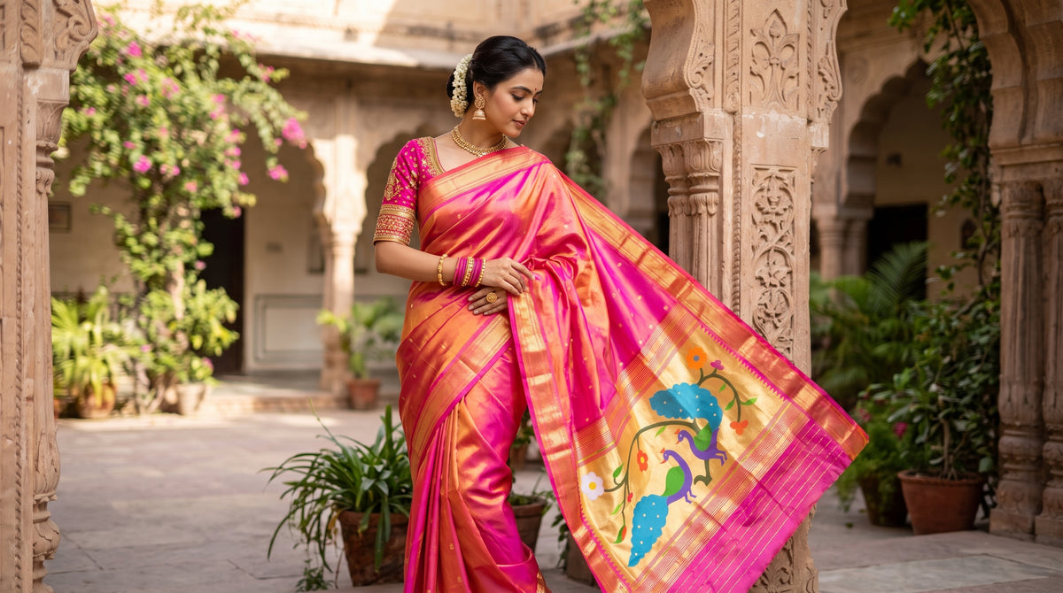 Dual-Tone Peach-Pink Paithani Handloom Pure Silk Saree with self zari buttas on an iridescent body and a golden tissue zari pallu featuring colorful peacock motifs.