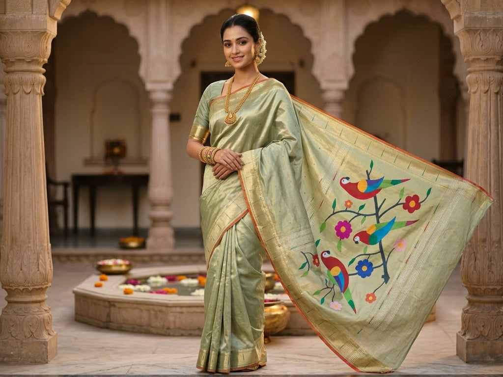 Pista Green Paithani Handloom Pure Silk Saree featuring subtle self-woven buttas on the body and a tissue zari pallu adorned with colorful parrots perched on flowering branches.
