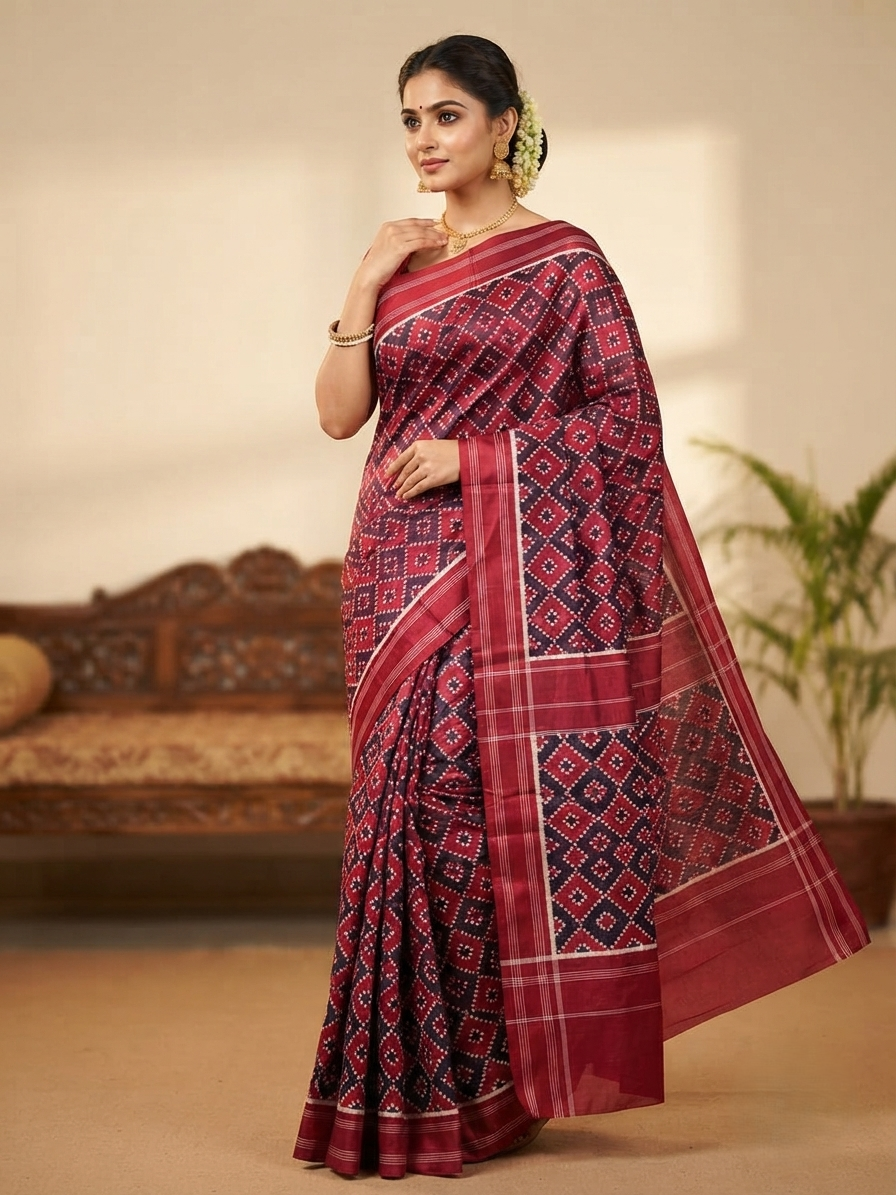 A gracefully draped Red Pochampally Handloom Double Ikat Patola Silk Saree, showcasing its rich geometric pattern and premium texture.
