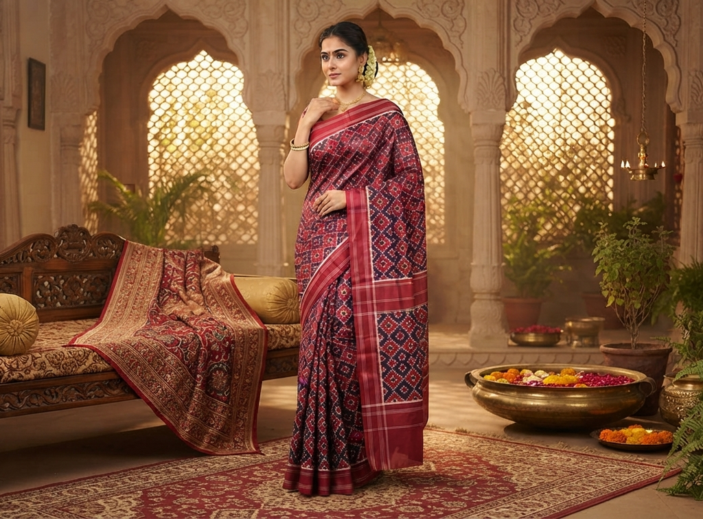 A gracefully draped Red Pochampally Handloom Double Ikat Patola Silk Saree, showcasing its rich geometric pattern and premium texture.