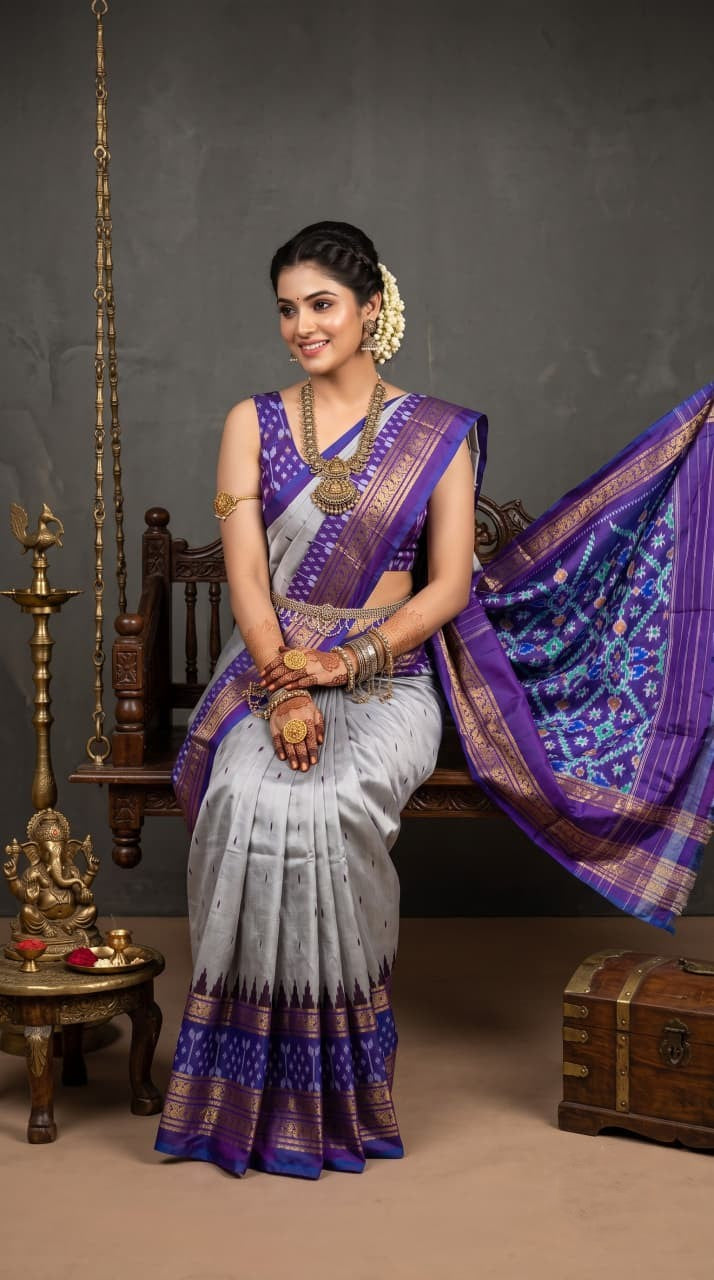Pochampally Handloom Ikat Madthasu Patola Silk Saree in rich weave with intricate all-over zari buttas