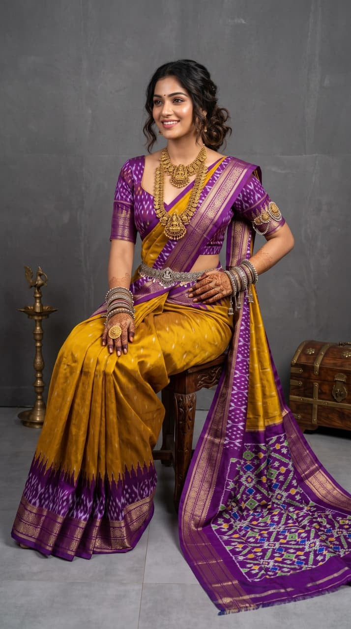 Pochampally Handloom Ikat Madthasu Patola Silk Saree in rich weave with intricate all-over zari buttas