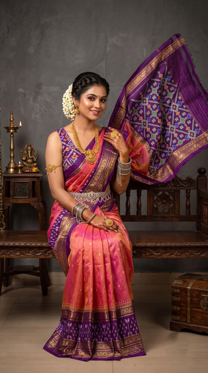 Pochampally Handloom Ikat Madthasu Patola Silk Saree in rich weave with intricate all-over zari buttas