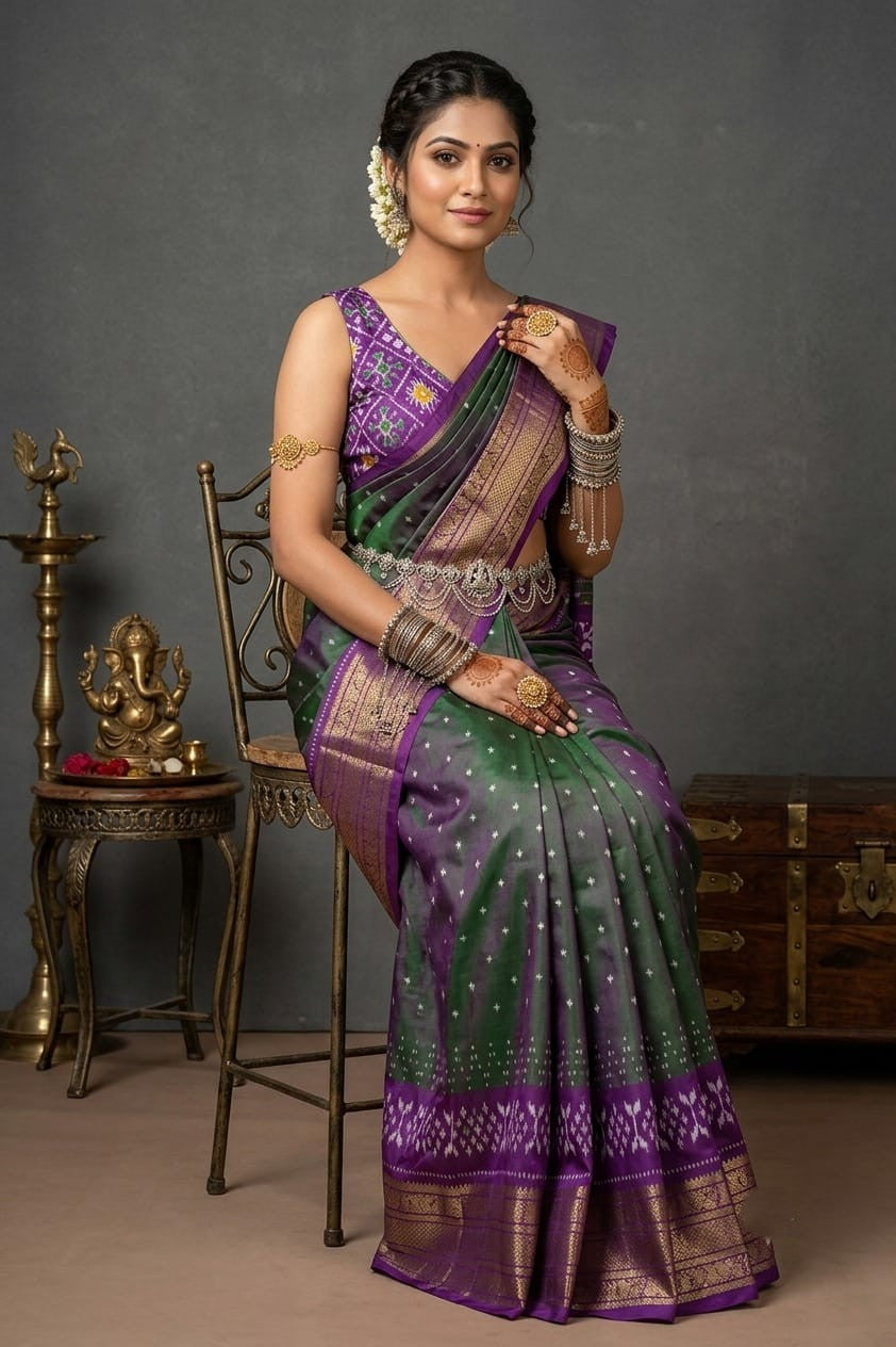 Pochampally Handloom Ikat Madthasu Patola Silk Saree in rich weave with intricate all-over zari buttas