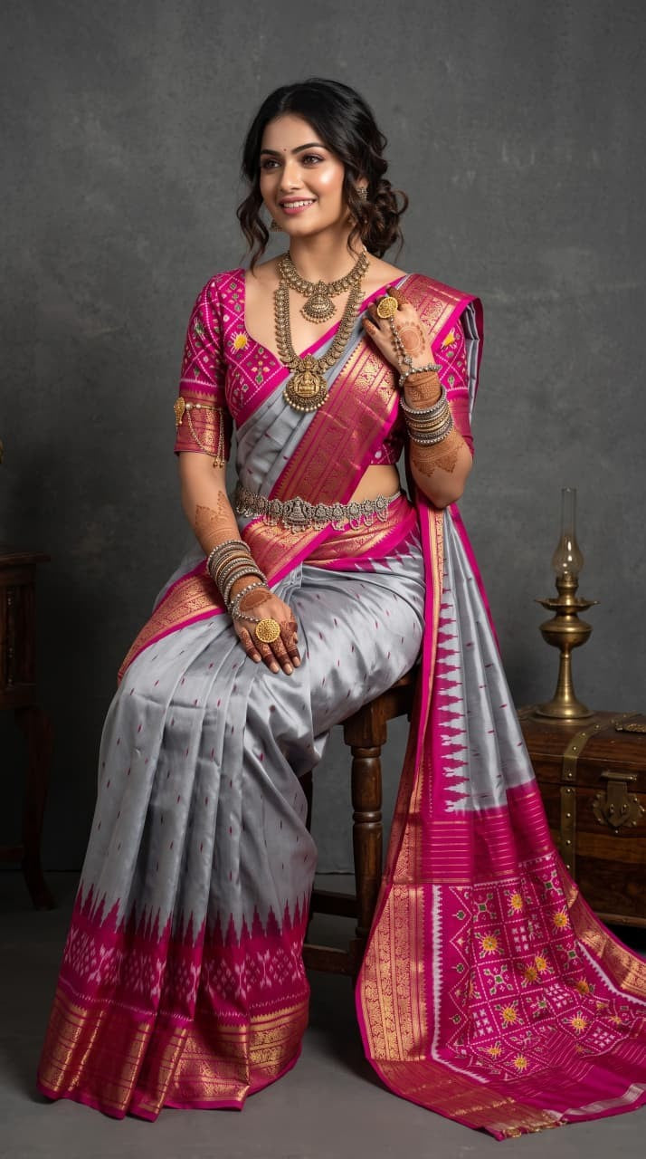 Pochampally Handloom Ikat Madthasu Patola Silk Saree in rich weave with intricate all-over zari buttas