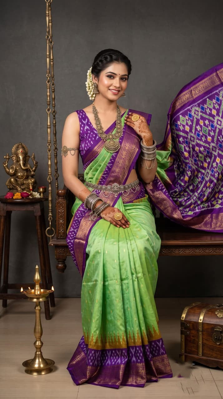 Pochampally Handloom Ikat Madthasu Patola Silk Saree in rich weave with intricate all-over zari buttas