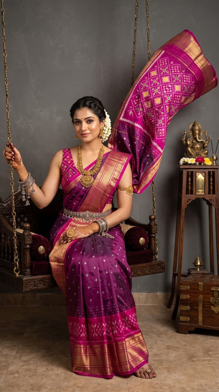 Pochampally Handloom Ikat Madthasu Patola Silk Saree in rich weave with intricate all-over zari buttas