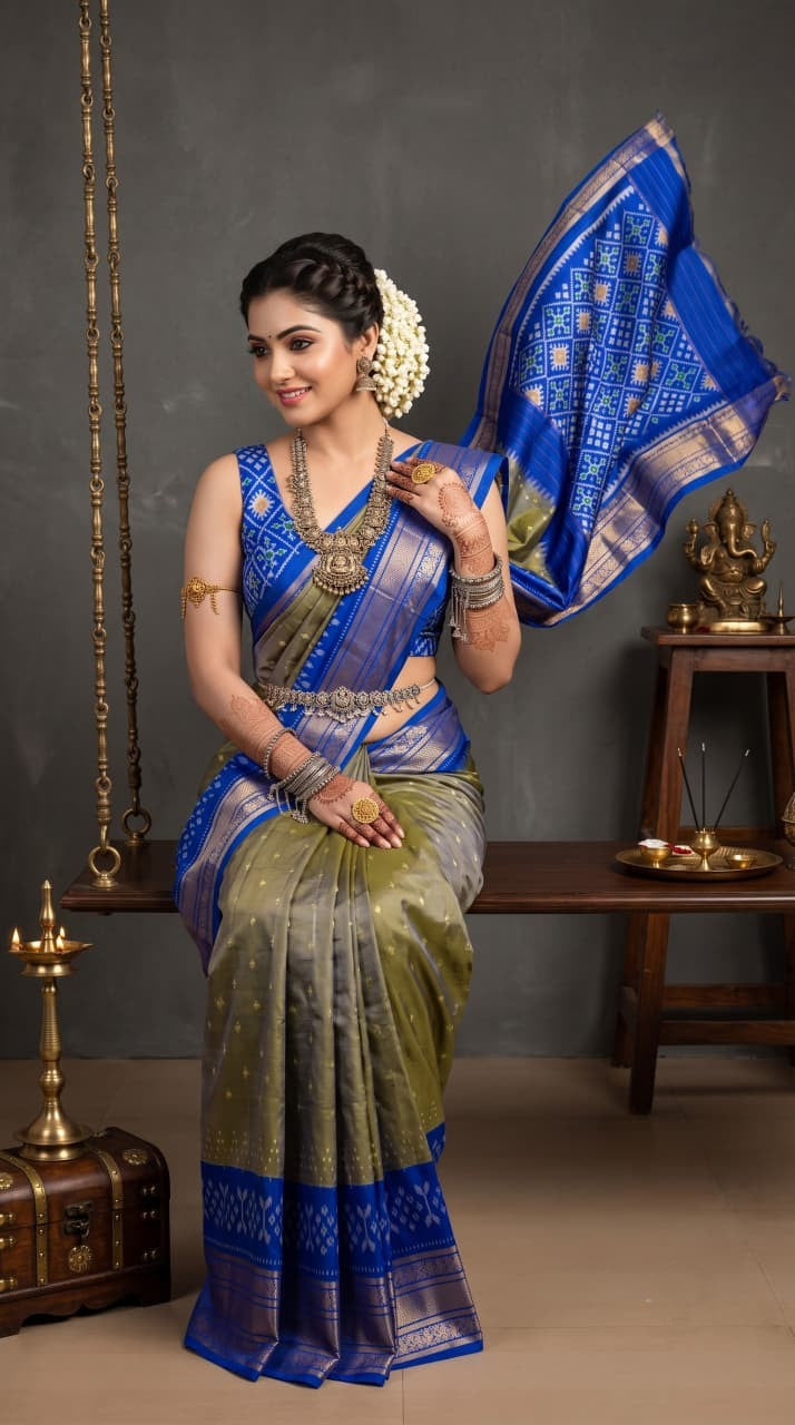Pochampally Handloom Ikat Madthasu Patola Silk Saree in rich weave with intricate all-over zari buttas