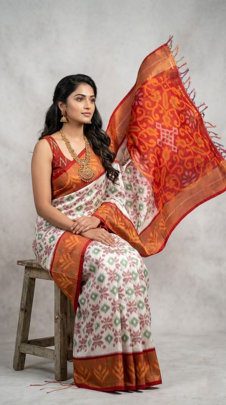 Pochampally Handloom Ikkat Sico Silk Saree with an intricate geometric pattern, a thick golden zari border, and a black pallu featuring traditional floral motifs.
