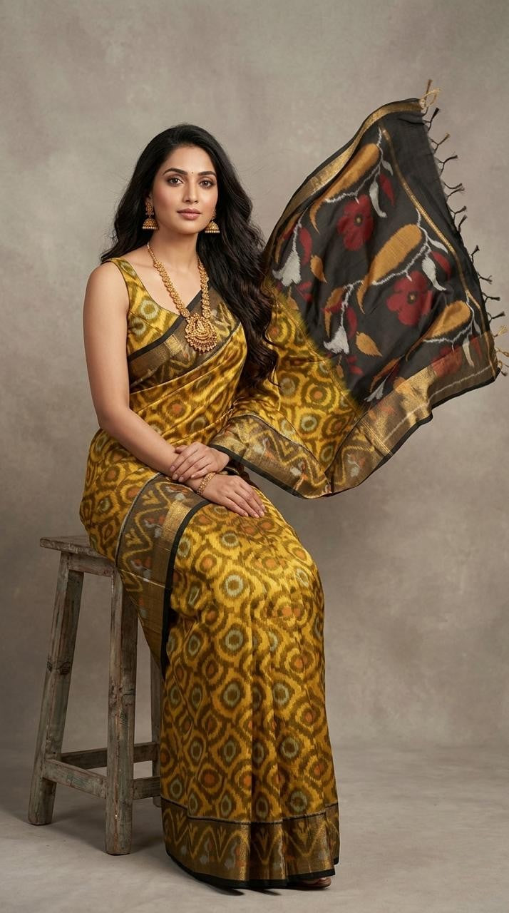 Pochampally Handloom Ikkat Sico Silk Saree with an intricate geometric pattern, a thick golden zari border, and a black pallu featuring traditional floral motifs.
