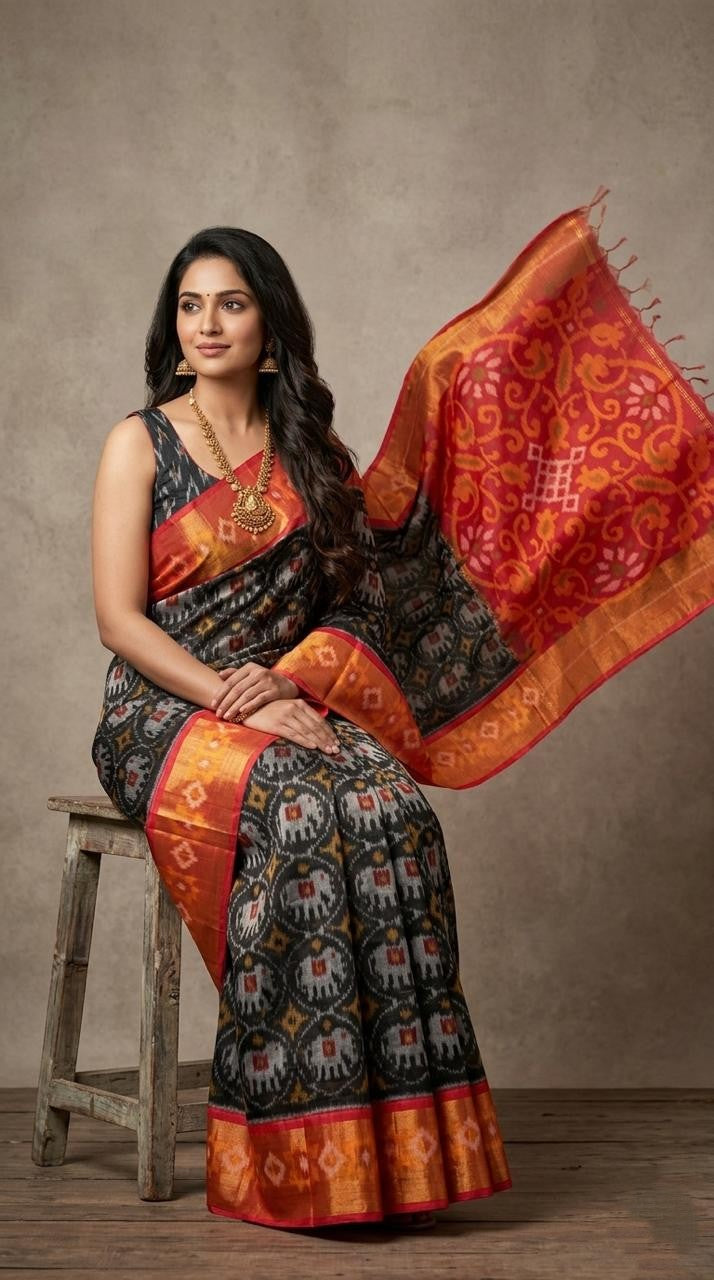Pochampally Handloom Ikkat Sico Silk Saree with an intricate geometric pattern, a thick golden zari border, and a black pallu featuring traditional floral motifs.