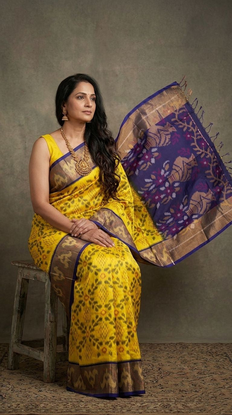 Pochampally Handloom Ikkat Sico Silk Saree with an intricate geometric pattern, a thick golden zari border, and a black pallu featuring traditional floral motifs.