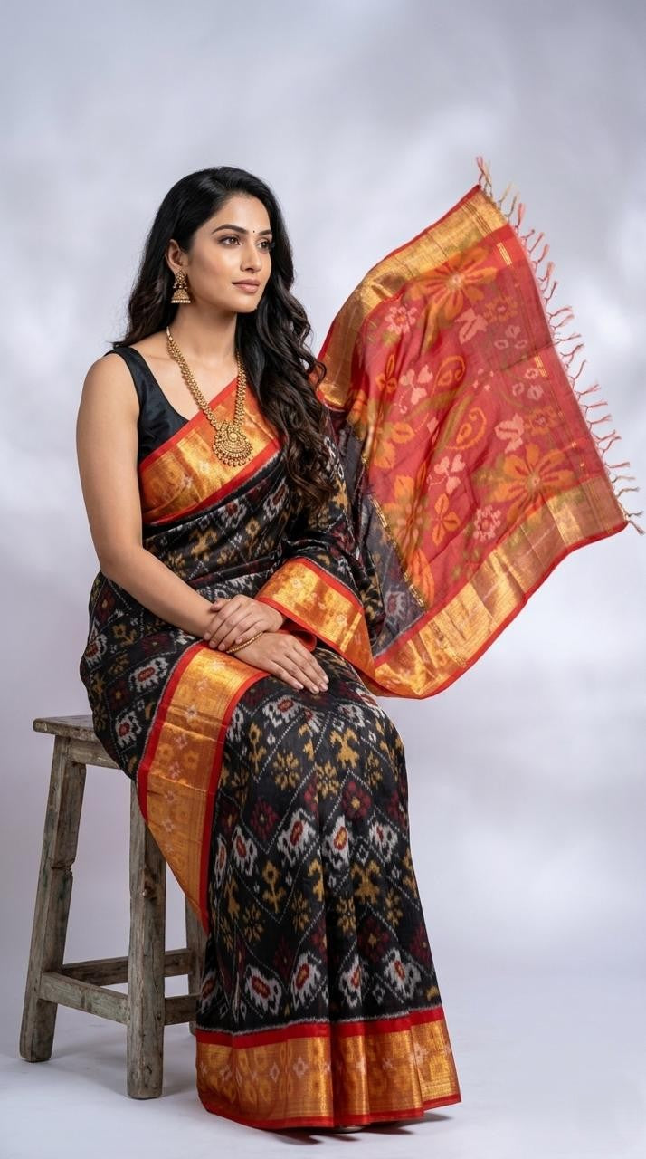 Pochampally Handloom Ikkat Sico Silk Saree with an intricate geometric pattern, a thick golden zari border, and a black pallu featuring traditional floral motifs.