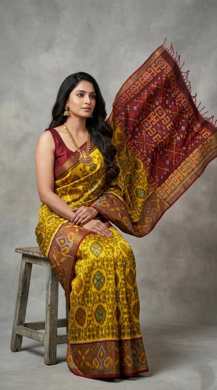 Pochampally Handloom Ikkat Sico Silk Saree with an intricate geometric pattern, a thick golden zari border, and a black pallu featuring traditional floral motifs.