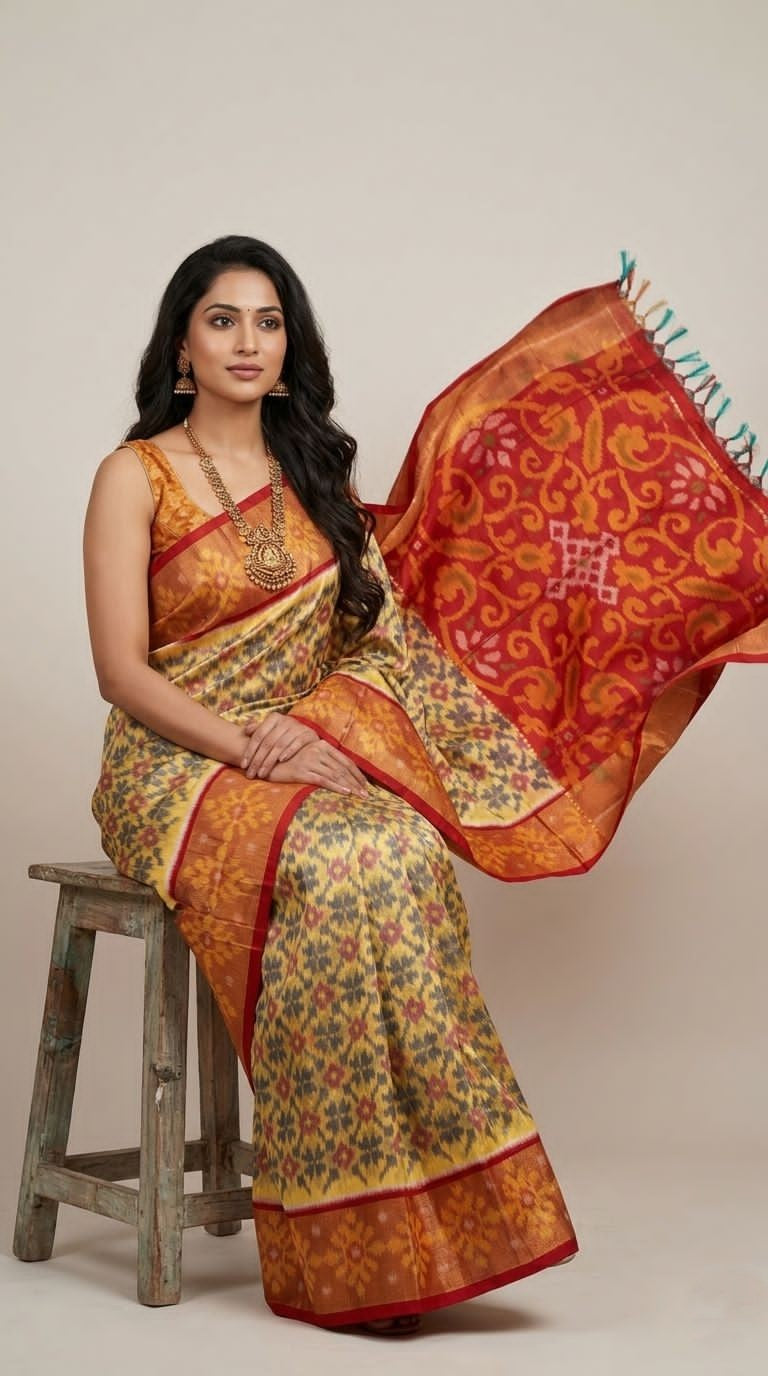 Pochampally Handloom Ikkat Sico Silk Saree with an intricate geometric pattern, a thick golden zari border, and a black pallu featuring traditional floral motifs.