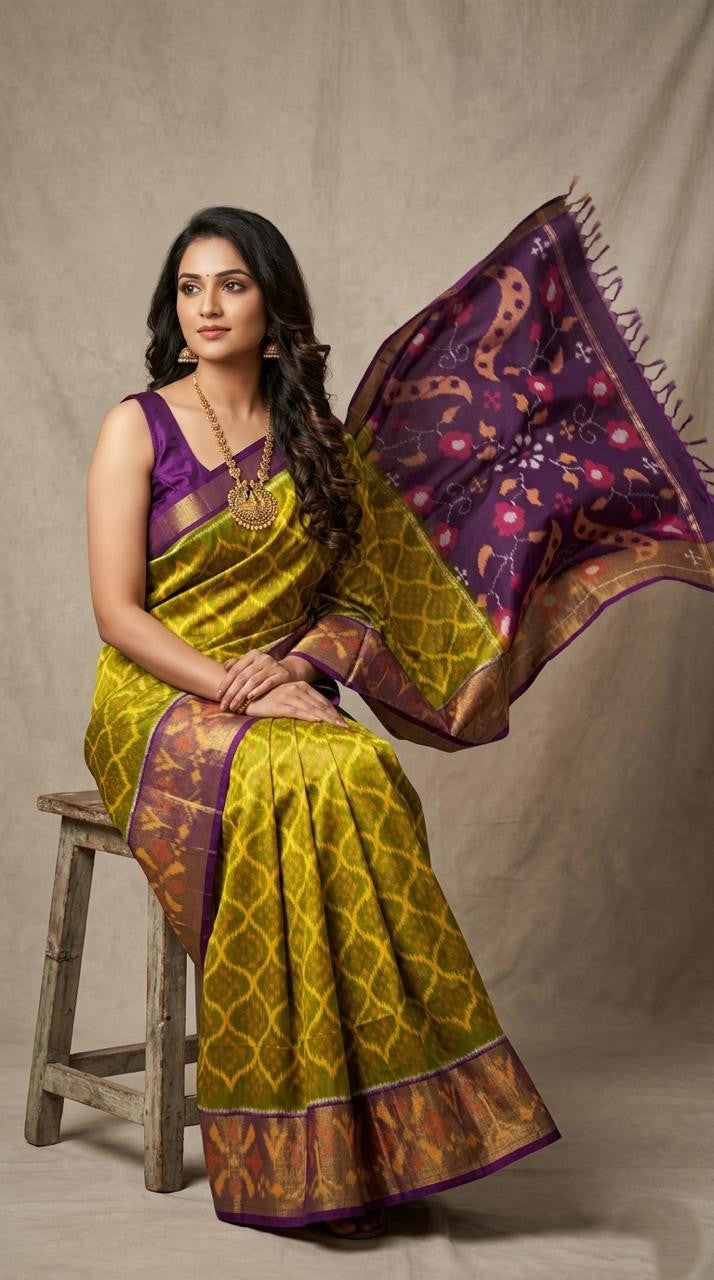 Pochampally Handloom Ikkat Sico Silk Saree with an intricate geometric pattern, a thick golden zari border, and a black pallu featuring traditional floral motifs.