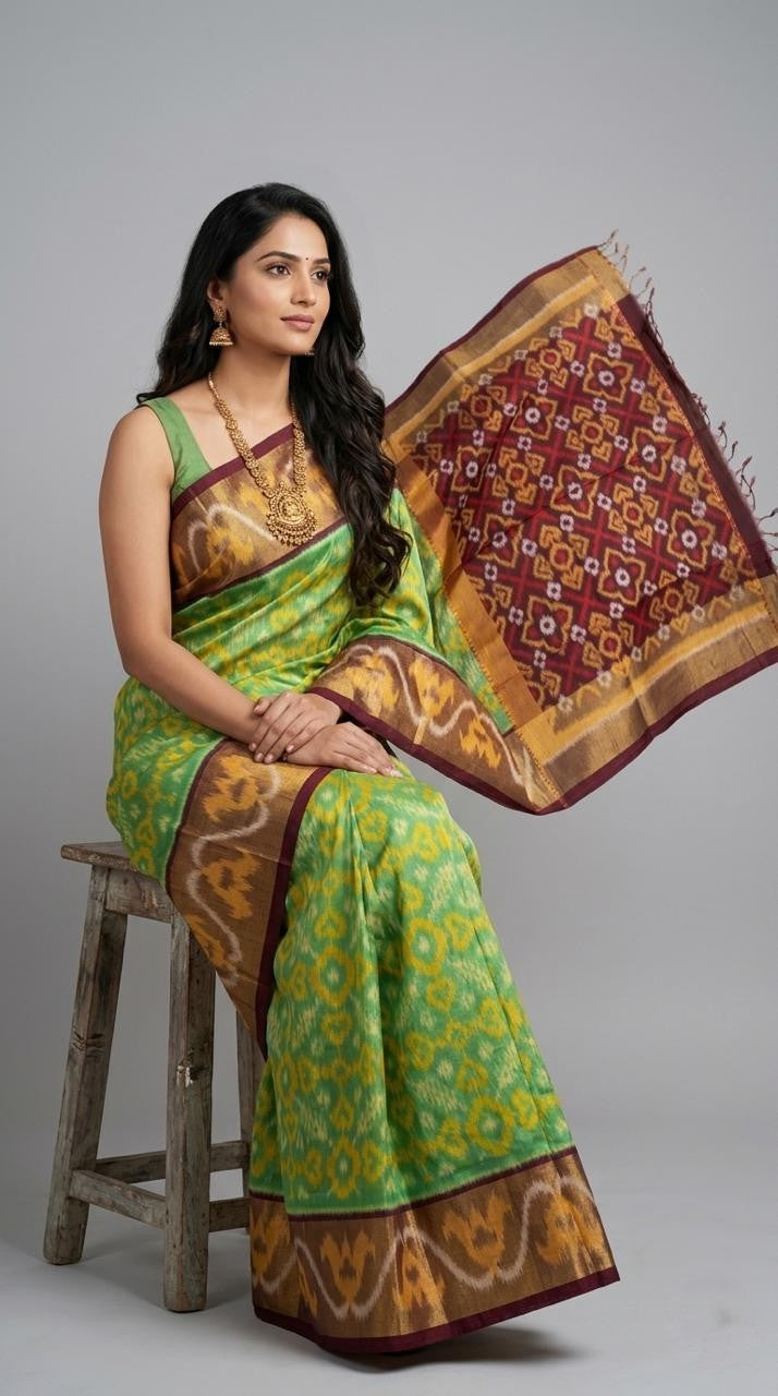 Pochampally Handloom Ikkat Sico Silk Saree with an intricate geometric pattern, a thick golden zari border, and a black pallu featuring traditional floral motifs.