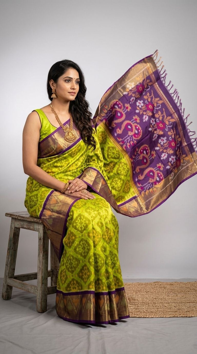 Pochampally Handloom Ikkat Sico Silk Saree with an intricate geometric pattern, a thick golden zari border, and a black pallu featuring traditional floral motifs.