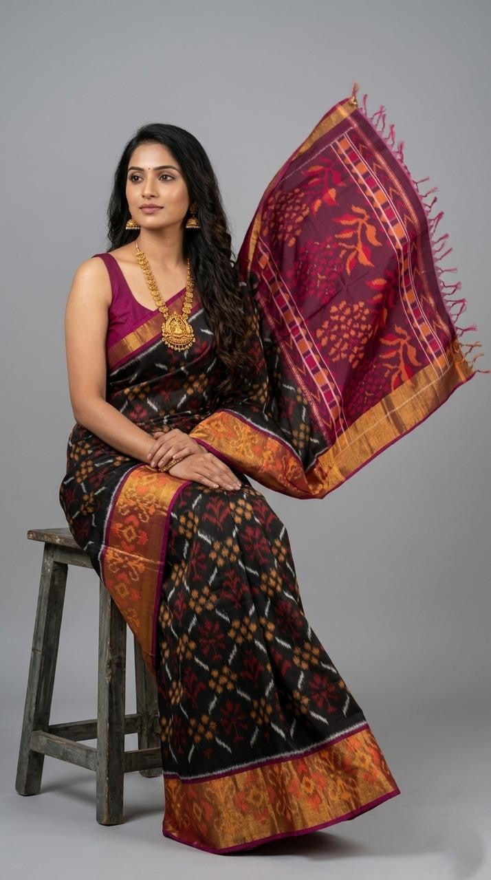 Pochampally Handloom Ikkat Sico Silk Saree with an intricate geometric pattern, a thick golden zari border, and pallu featuring traditional floral motifs.