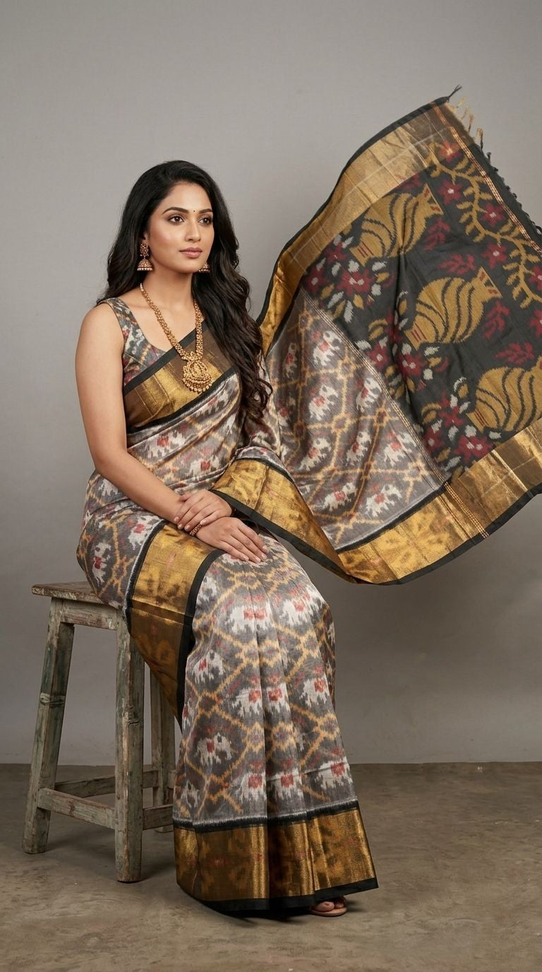 Pochampally Handloom Ikkat Sico Silk Saree with an intricate geometric pattern, a thick golden zari border, and pallu featuring traditional floral motifs.